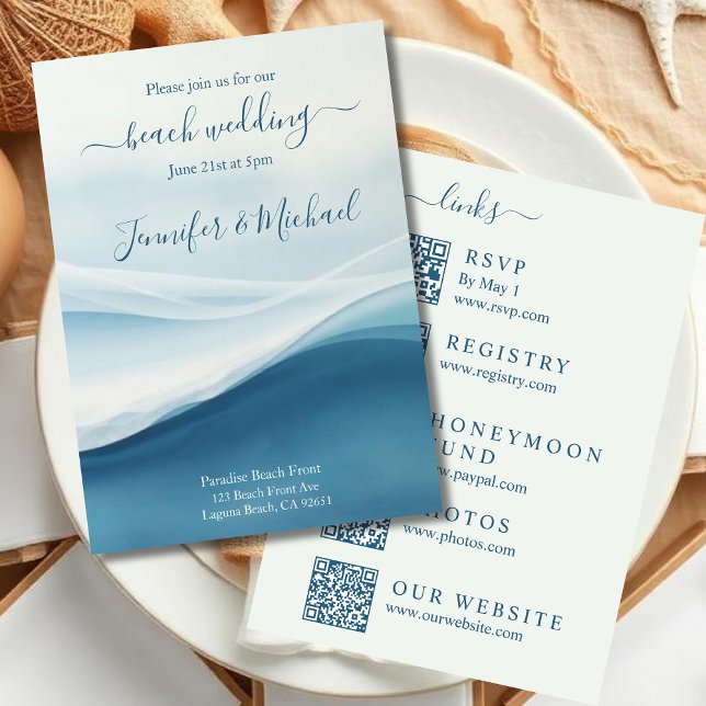 Invitation Serene Blue Beach Wedding-All In One (Serene Blue Abstract Beach Wedding Invitation All In One)