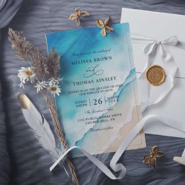 Invitation Serene Blue Ocean Beach Budget QR Code Wedding (Créateur téléchargé)