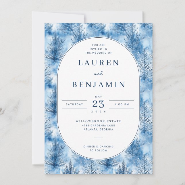 Invitation Serene Blue Watercolor Pine Trees (Devant)