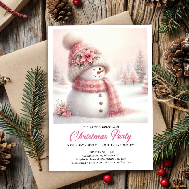 Invitation Serene Coquette Snowman Kids Christmas Invite  (Cute pink snowman Christmas invitation,
coquette snowman invitation  FOR CHILDREN,
Funny kids style )