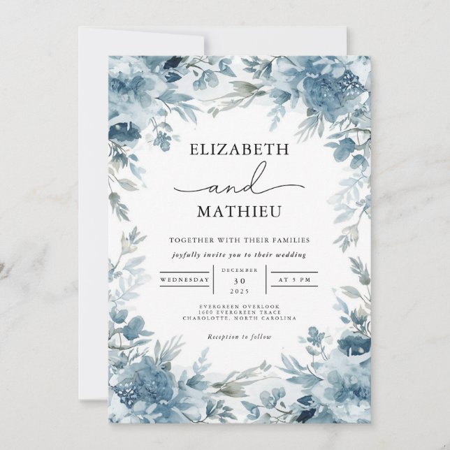 Invitation Serene Dusty Blue Botanical Floral Mariage (Devant)