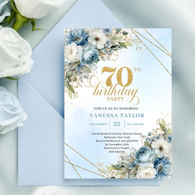 Invitation Serene dusty blue watercolor florals 70th birthday (Serene dusty blue watercolor florals 70th birthday

)