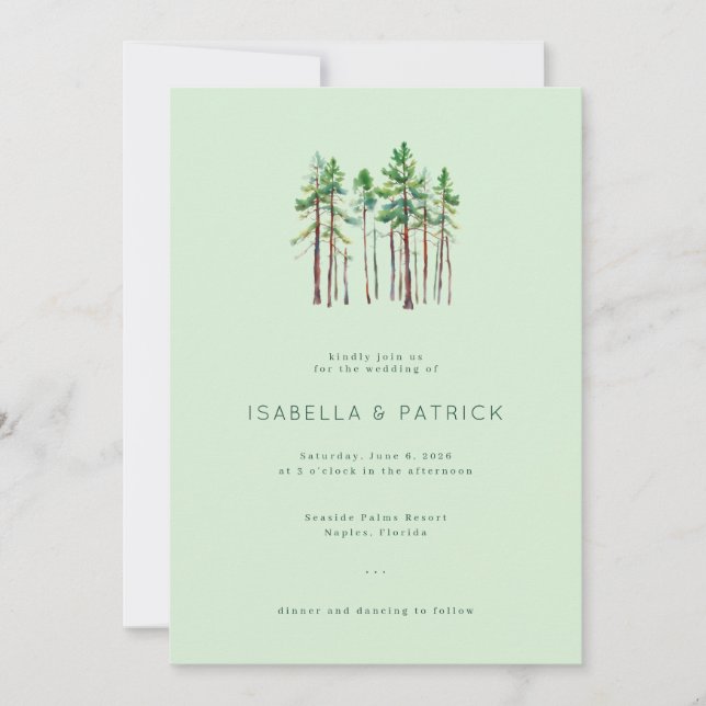 Invitation Serene Pastel Green Watercolor Pine Trees (Devant)
