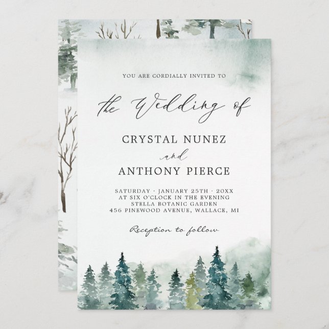 Invitation Serene Winter Forest Pine Trees Mariage (Devant / Derrière)