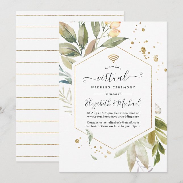 Invitation Serenity Greenery Mariage virtuel en ligne géométr (Devant / Derrière)