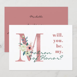Invitation Serez-vous ma dame d'honneur Lettre Florale Rose