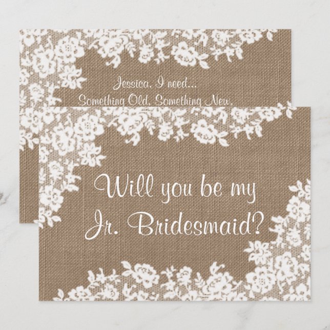 Invitation Serez-Vous Ma Jr Bridesmaid Rustic Burlap & Lace (Devant / Derrière)