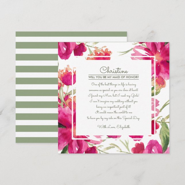 Invitation Serez-vous ma servante d'honneur ? Floral vert Fuc (Devant / Derrière)