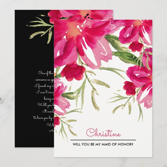 Invitation Serez-vous ma servante d'honneur ? Fuchsia Floral (Devant / Derrière)