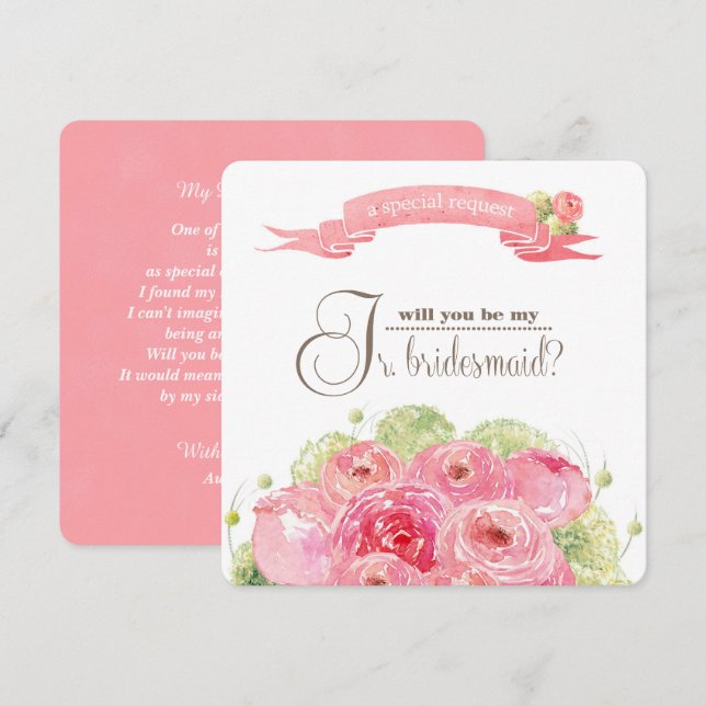 Invitation Serez-vous ma servante Jr Bridesmaid ? Rose romant (Devant / Derrière)