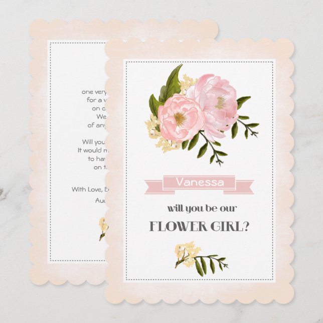Invitation Serez-vous notre Flower Girl ? Pies roses (Devant / Derrière)