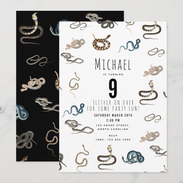 Invitation Serpents colorés Reptile Animal Anniversaire Fête  (Devant / Derrière)