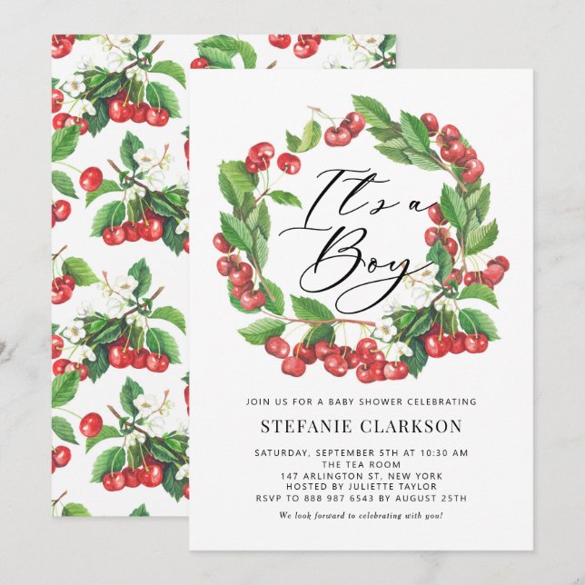 Invitation Serre de cerises rouges rustique C'est un Baby sho (Devant / Derrière)