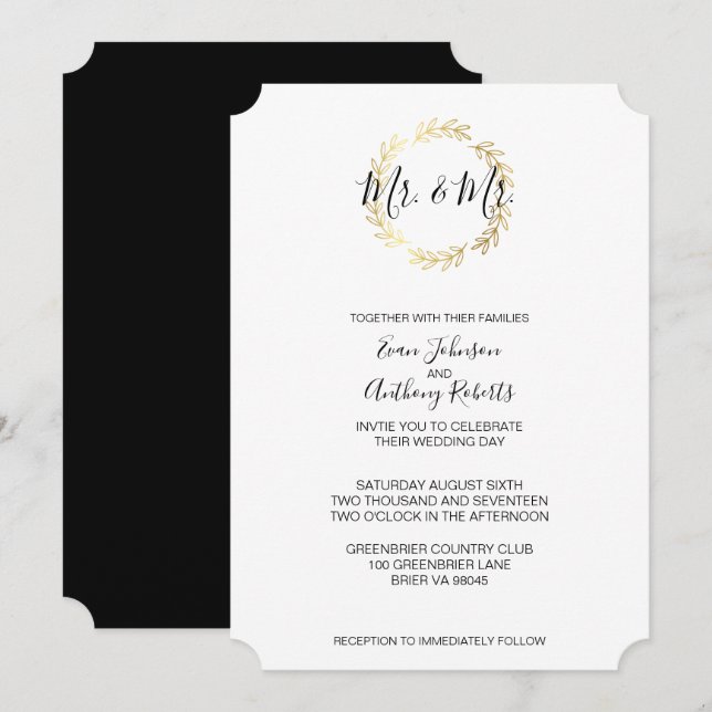 Invitation Serre de feuille d'or et Mariage de script noir et (Devant / Derrière)