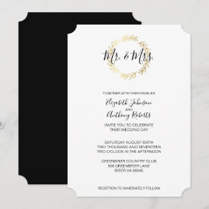 Invitation Serre de feuille d'or et Mariage de script noir et