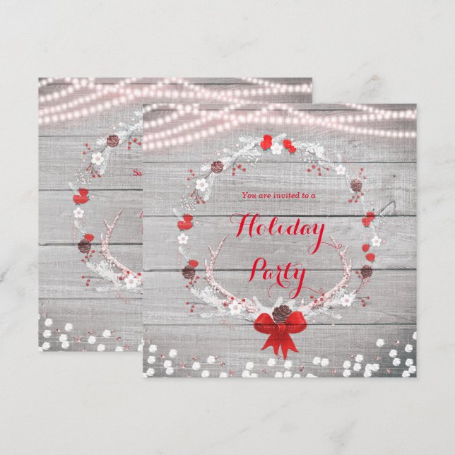 Invitation Serre de Noël rustique Antler Wreath Bois blanc (Devant / Derrière)