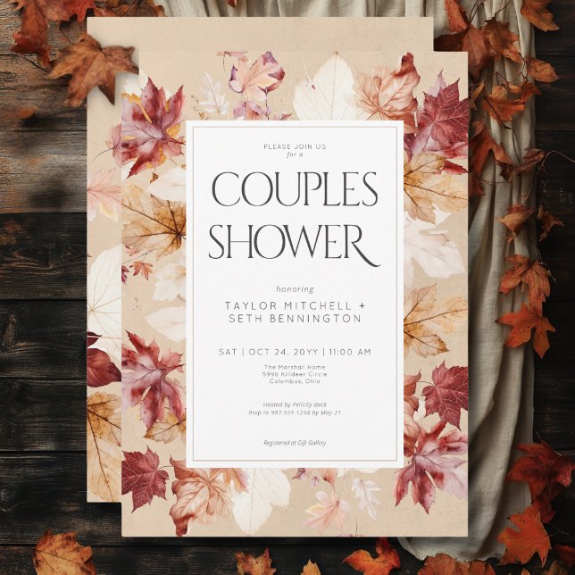 Invitation Serre rustique de l'automne Feuilles Tan Couples D (Rustic Wreath of Fall Leaves Tan Couples Shower Invitation)
