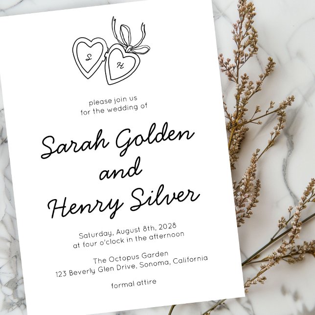 Invitation Serrure de coeur Whimsical Doodle Croquis moderne  (Whimsical Heart Locket Doodle Sketch Modern CUSTOM Invitation
)