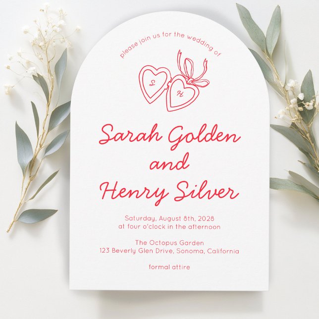 Invitation Serrure de coeur Whimsical Doodle Croquis moderne  (Whimsical Heart Locket Doodle Sketch Modern CUSTOM Invitation
red White)