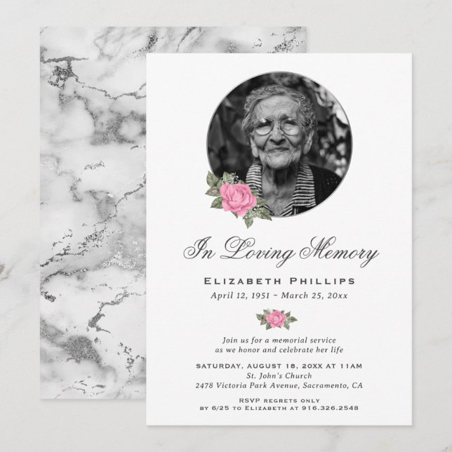Invitation Service commémoratif en marbre rose floral (Devant / Derrière)