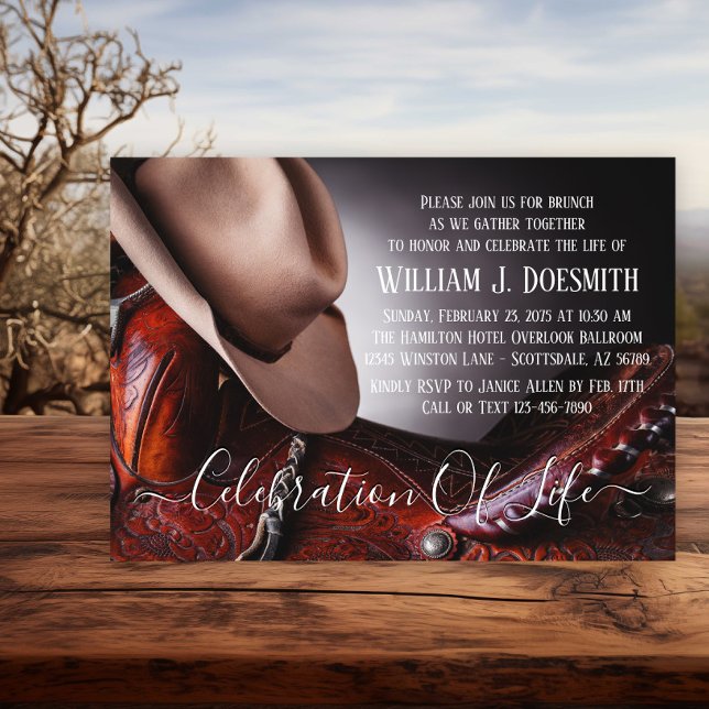 Invitation Service commémoratif funéraire de Cowboy Casquette (Hat and saddle memorial invitation. Simply add your event details.)