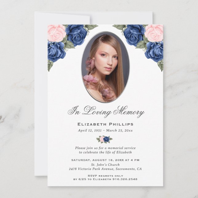 Invitation Service de Mémorial de Photo Floral Rose Bleu Arge (Devant)