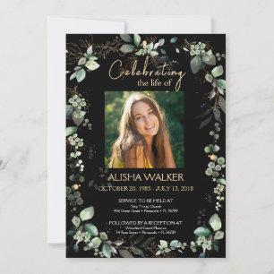 Invitation Service de Mémorial photo de feuillage noir et ver