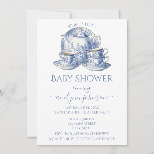 Invitation Service de thé en toile bleue Baby shower garçon (Devant)