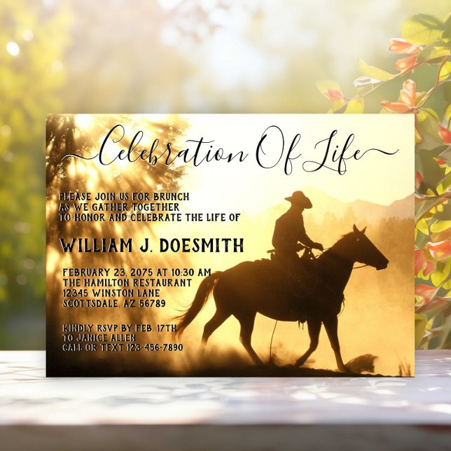 Invitation Service funèbre à la mémoire du cow-boy au coucher (Cowboy funeral and memorial service announcement and invitation.)