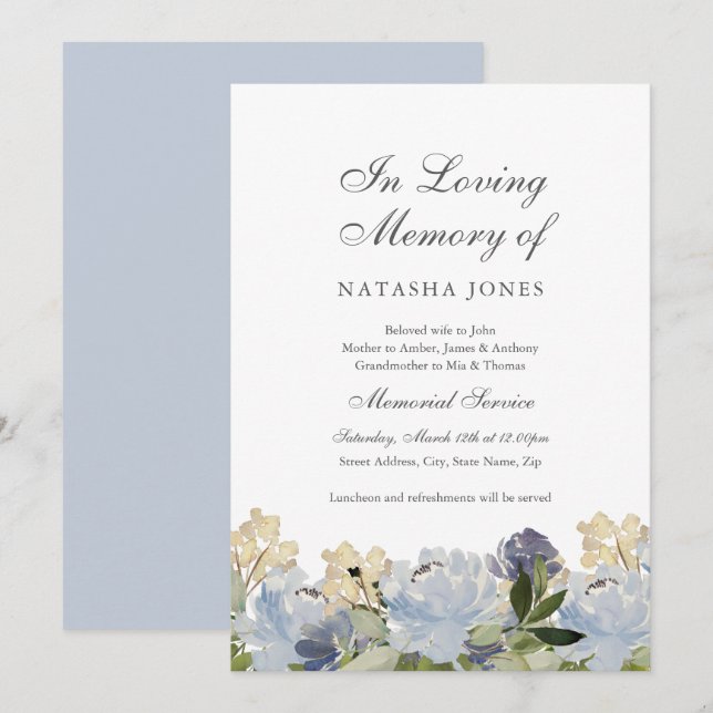 Invitation Service funèbre floral bleu élégant  (Devant / Derrière)