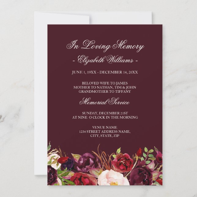 Invitation Service funèbre floral rouge Marsala Bourgogne (Devant)