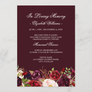 Invitation Service funèbre floral rouge Marsala Bourgogne