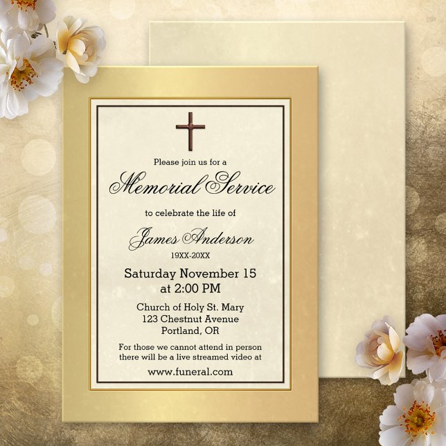 Invitation Service funèbre mémorial chrétien classique en or (Memorial, funeral service or celebration of life invitation featuring a a classic Christian design)