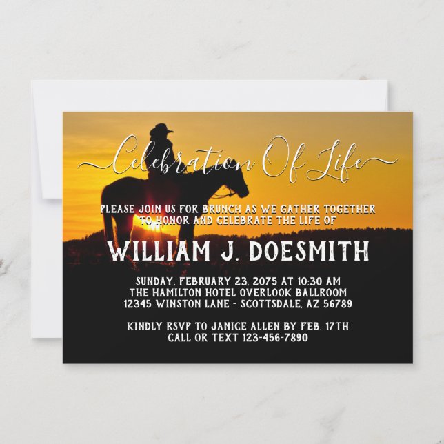 Invitation Service funèbre mémorial Coucher de soleil Cowboy (Devant)
