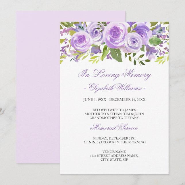 Invitation Service funéraire à la rose florale de lavande vio (Devant / Derrière)