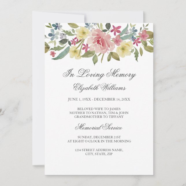 Invitation Service funéraire à l'aquarelle botanique Blush (Devant)