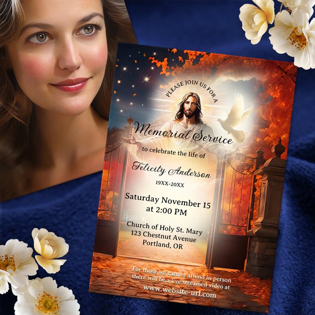 Invitation Service funéraire chrétien moderne (Memorial, funeral service or celebration of life invitation featuring Christ at heaven's gate)