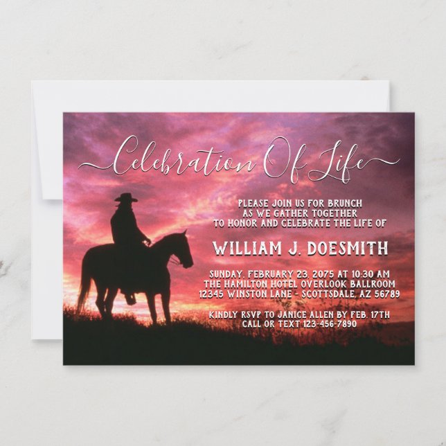 Invitation Service funéraire mémorial Cowboy Cheval Coucher d (Devant)