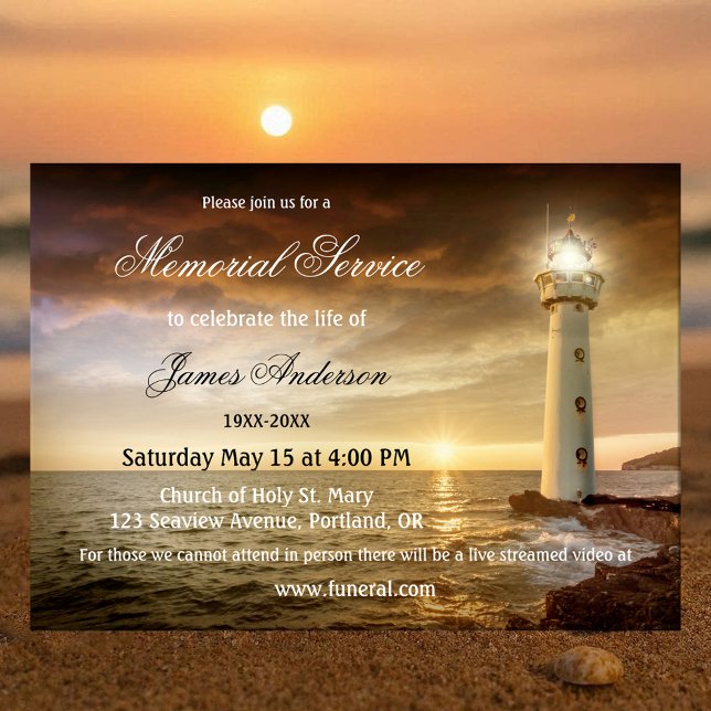 Invitation Service funéraire mémorial du phare côtier (Memorial or funeral service invitation featuring a coastal scene with a lighthouse)