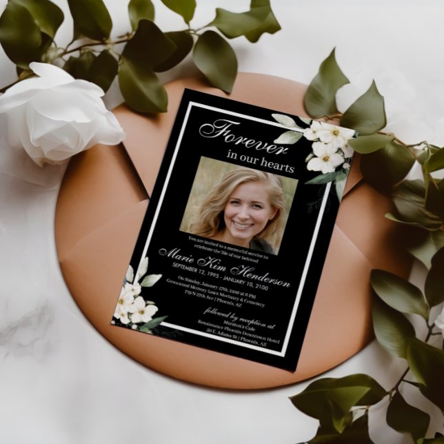 Invitation Service funéraire noir blanc Boho vert (Créateur téléchargé)
