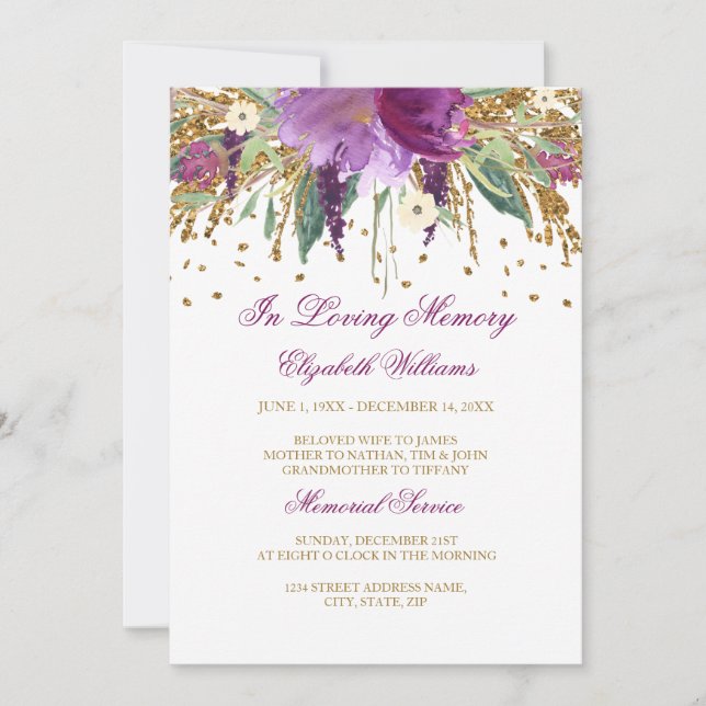 Invitation Service funéraire Paillettes de Fleurs Améthyste B (Devant)