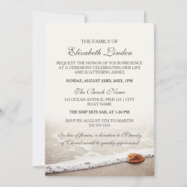 Invitation Service Memorial| Coquillage sur la plage (Devant)