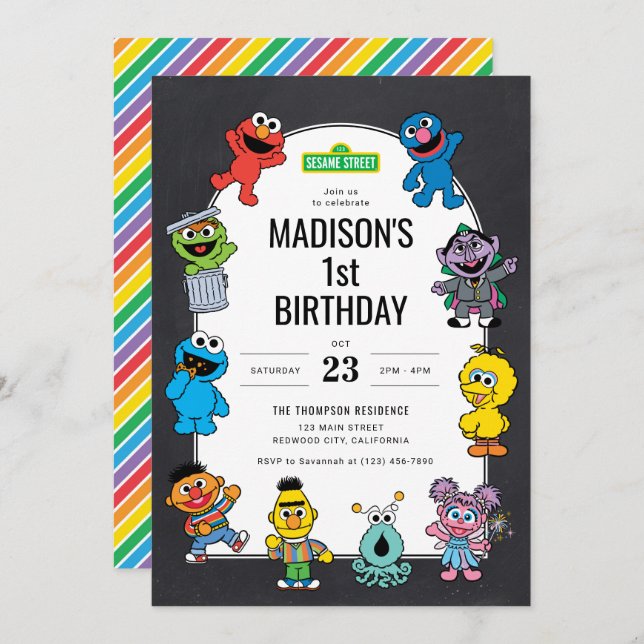 Invitation Sesame Street Characters Chalkboard Anniversaire (Devant / Derrière)