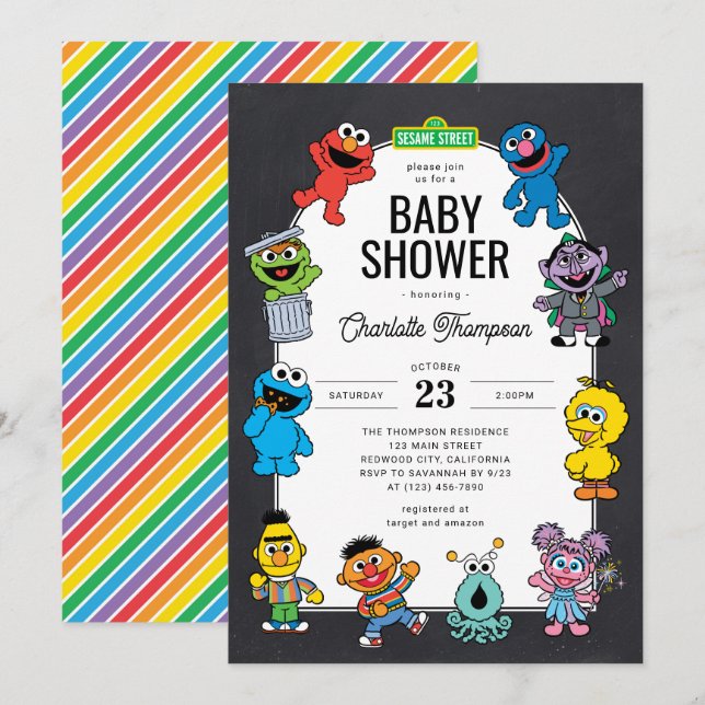 Invitation Sesame Street Characters Chalkboard Baby shower (Devant / Derrière)