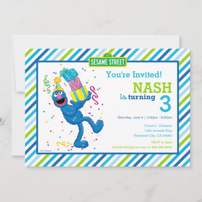 Invitation Sesame Street Grover rayé Anniversaire (Devant)