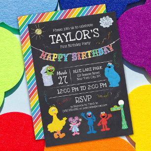 Invitation Sesame Street Pals Chalkboard Arc-en-ciel 1er anni