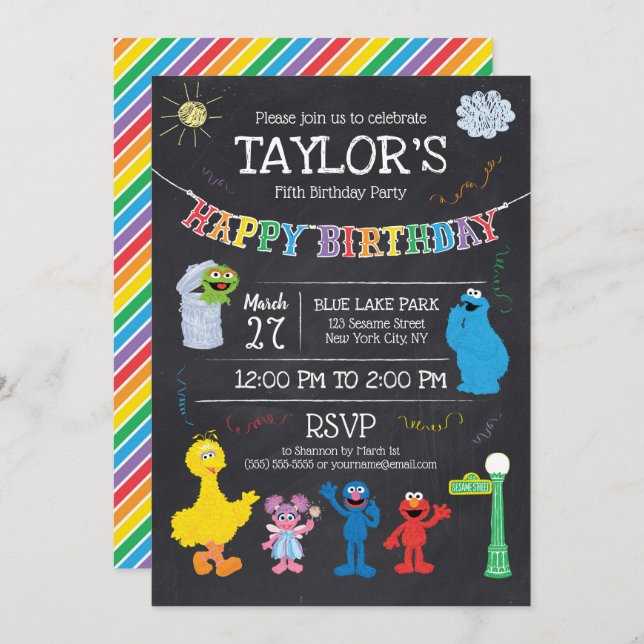 Invitation Sesame Street Pals Chalkboard Arc-en-ciel 5e anniv (Devant / Derrière)
