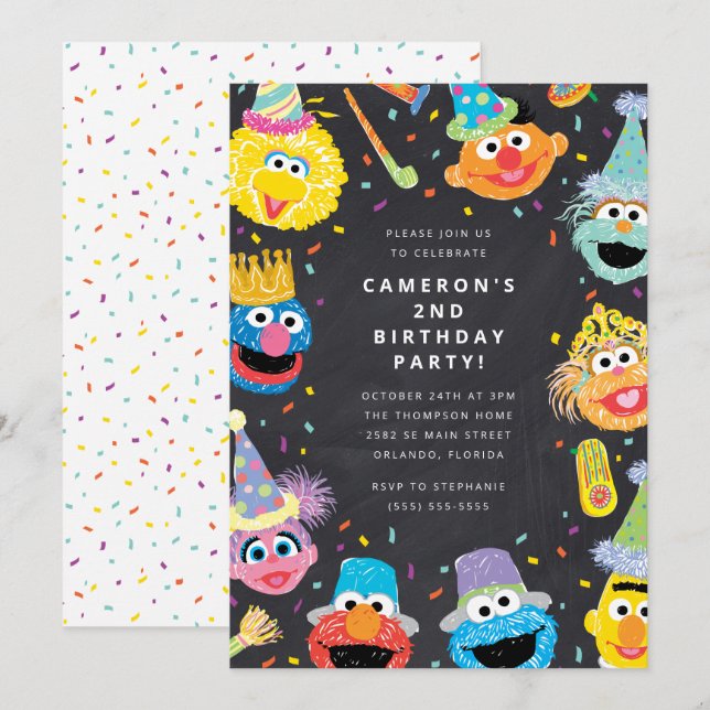 Invitation Sesame Street Pals Chalkboard Confetti Anniversair (Devant / Derrière)