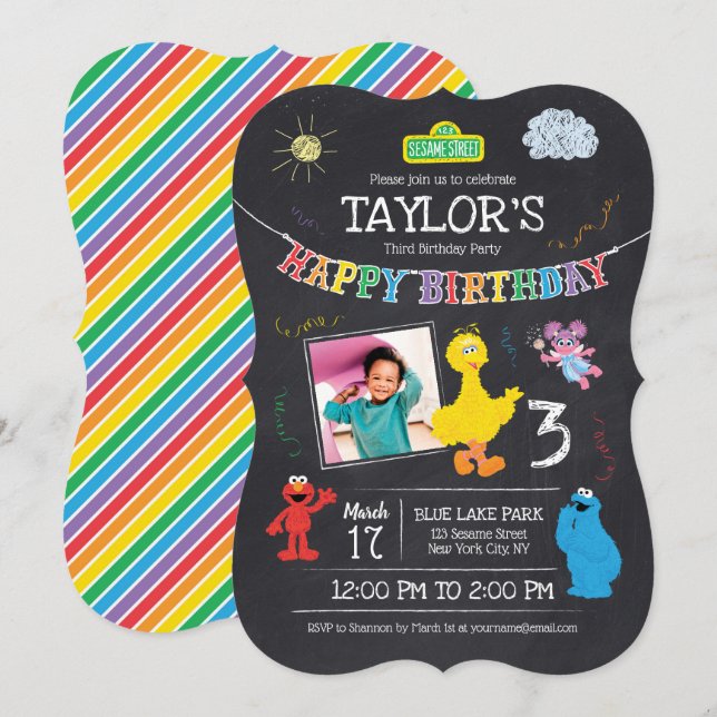 Invitation Sesame Street Pals Chalkboard Photo 3Anniversaire (Devant / Derrière)