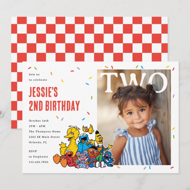 Invitation Sesame Street Red Confetti Second Birthday (Devant / Derrière)